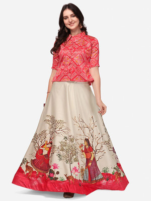 KAHIRAA WHOLETEX Digital Print Semi Stitched Lehenga & Crop Top(Red)