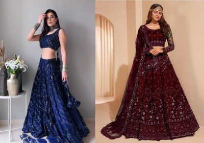 Cute Fellow Embroidered Semi Stitched Lehenga Choli(Dark Blue, Maroon)