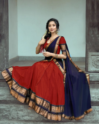 R K INFINITIVE Solid Semi Stitched Lehenga Choli(Red, Dark Blue)