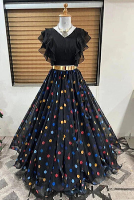Ajfab Floral Print Stitched Lehenga & Crop Top(Black)