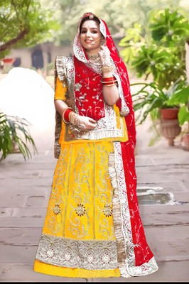 New Pooja Embroidered, Embellished Semi Stitched Rajasthani Poshak(Yellow, Red)