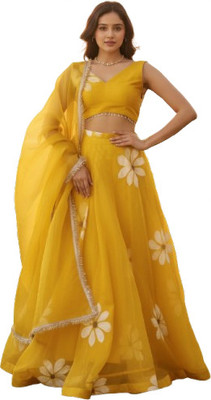 Heny Creation Digital Print Semi Stitched Lehenga & Crop Top(Yellow)