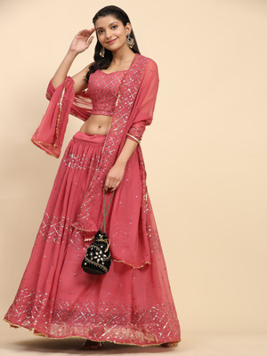 FAB WINDOW Embroidered Semi Stitched Lehenga Choli(Pink)