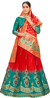 HOUSE OF COMMON Self Design Semi Stitched Lehenga Choli(Red, Light Blue)