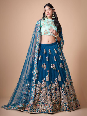 odette Embroidered Semi Stitched Lehenga Choli(Blue)