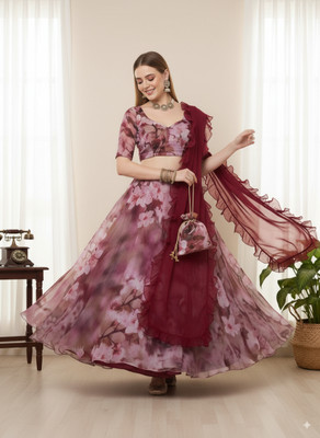 PuriMaa Floral Print Semi Stitched Lehenga Choli(Maroon)