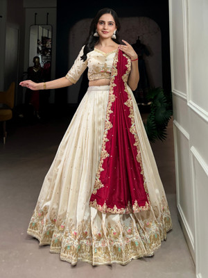 Trendmalls Embroidered Semi Stitched Lehenga Choli(White)
