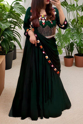 Anjani Textile Embroidered Semi Stitched Lehenga & Crop Top(Green)