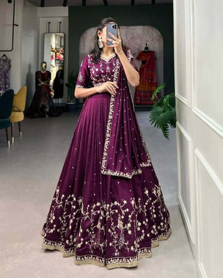 Aika Embroidered Semi Stitched Lehenga Choli(Purple)