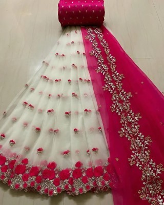 MEERAVYAENTERPRISE Embroidered Semi Stitched Lehenga Choli(White, Pink)