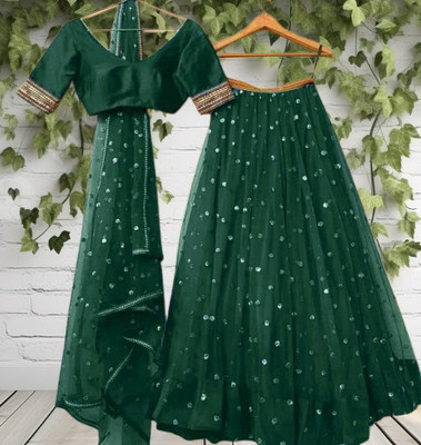Rise On Fab Self Design Semi Stitched Lehenga Choli(Green)