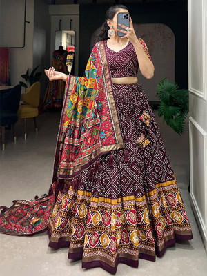Deepkala Designer Floral Print Semi Stitched Lehenga Choli(Brown)