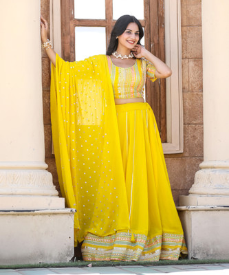 Thapnath Embroidered Semi Stitched Lehenga Choli(Yellow)