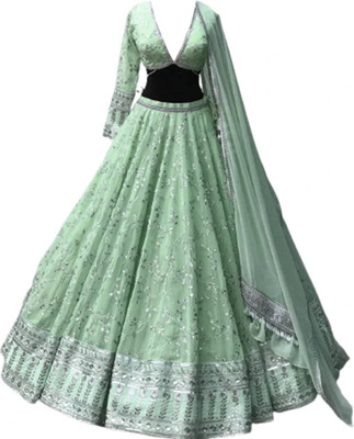 KAPANKU Embroidered Semi Stitched Lehenga Choli(Light Green)