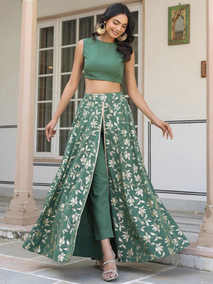Janasya Floral Print Stitched Lehenga Choli(Green)