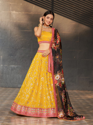 odette Embroidered Semi Stitched Lehenga Choli(Yellow)