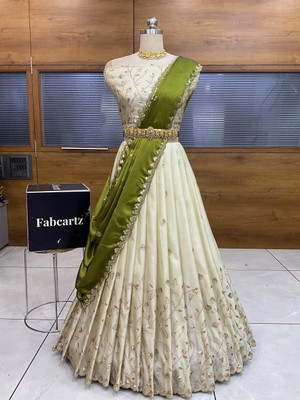 Fabcartz Embroidered Semi Stitched Lehenga Choli(Beige, Green)