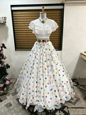 HOUSE OF COMMON Digital Print Semi Stitched Lehenga & Crop Top(White)