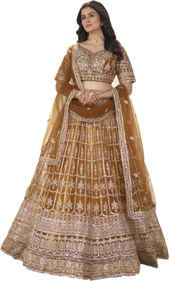 CLOTHTEXTILE Embroidered Semi Stitched Lehenga Choli(Brown)