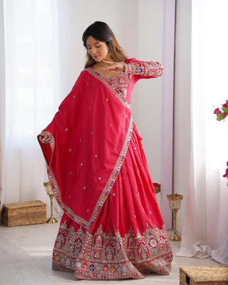 Zaavika Embroidered Semi Stitched Lehenga Choli(Red)