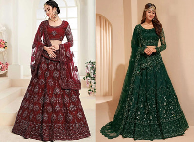 Reelove Factory Embroidered Semi Stitched Lehenga Choli(Maroon, Green)