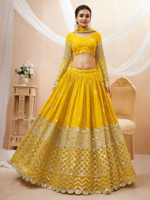 odette Embroidered Semi Stitched Lehenga Choli(Yellow)