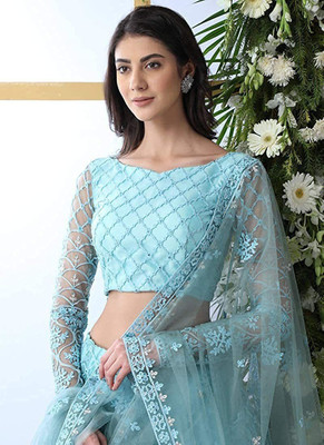 Kitvillaa Embroidered Semi Stitched Lehenga Choli(Pink)