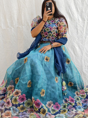 PuriMaa Floral Print Semi Stitched Lehenga Choli(Light Blue)