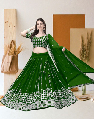 F Plus fashion Embroidered Semi Stitched Lehenga Choli(Green)
