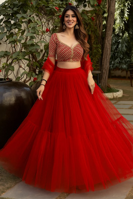 Rise On Fab Self Design Semi Stitched Lehenga Choli(Red)