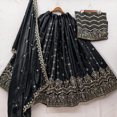 HIRU CREATION Embroidered Semi Stitched Lehenga Choli(Black)
