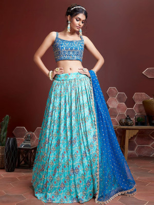 odette Digital Print Semi Stitched Lehenga Choli(Light Blue)