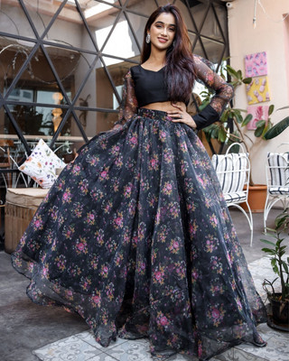 PuriMaa Digital Print Semi Stitched Lehenga & Crop Top(Dark Blue)