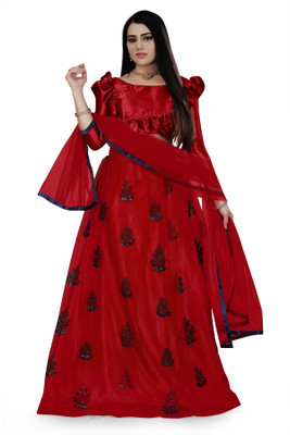 nv patel Embellished Semi Stitched Lehenga Choli(Red)