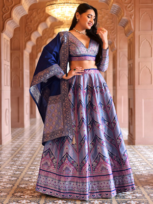 PURVAJA Printed Semi Stitched Lehenga Choli(Blue)