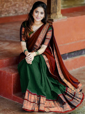 R K INFINITIVE Solid Semi Stitched Lehenga Choli(Green, Red)