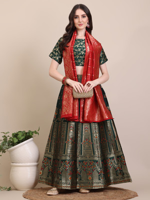 Harshiv Textile Self Design Semi Stitched Lehenga Choli(Green)