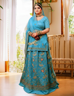 Bhawani saree center Embroidered Semi Stitched Rajasthani Poshak(Light Blue)