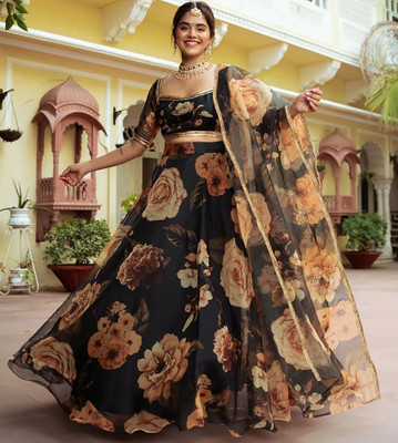 Trijal Fab Printed Semi Stitched Lehenga Choli(Black)