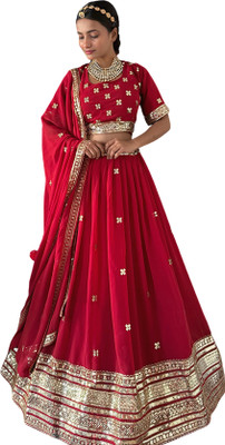 ICEQUBEFAB Embroidered Semi Stitched Lehenga Choli(Red)