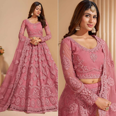 Udbhav Export Embroidered Semi Stitched Lehenga Choli(Pink)