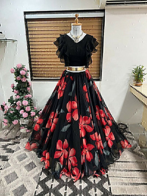 Ajfab Floral Print Stitched Lehenga & Crop Top(Black, Red)