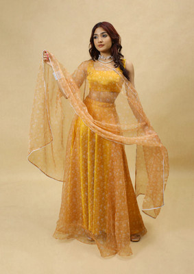 PuriMaa Floral Print Semi Stitched Lehenga Choli(Yellow)