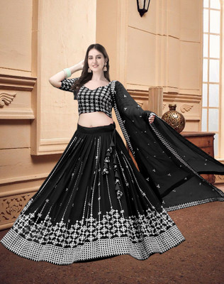 F Plus fashion Embroidered Semi Stitched Lehenga Choli(Black)