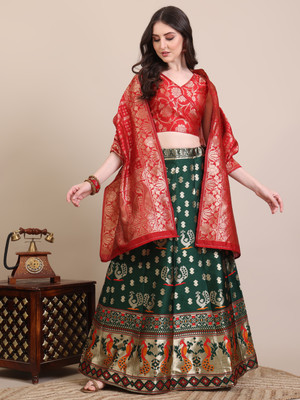 Harshiv Textile Self Design Semi Stitched Lehenga Choli(Green)