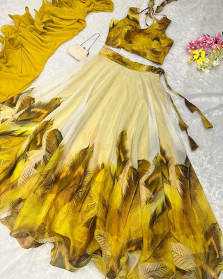 PuriMaa Floral Print Semi Stitched Lehenga Choli(Yellow)