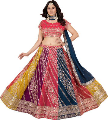 AHJANANDTEX Embroidered Semi Stitched Lehenga Choli(Pink)