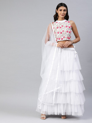 Fabcartz Solid Semi Stitched Lehenga Choli(White)