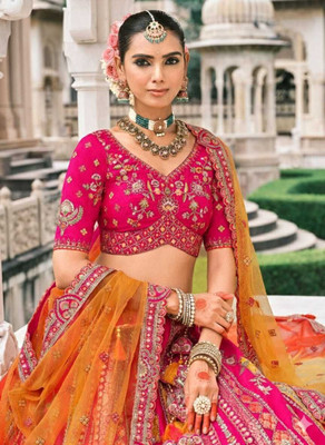 Shri Nath Shadi Centre Embroidered Semi Stitched Lehenga Choli(Pink)