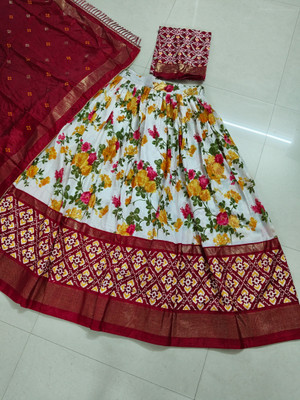 MITRABIZ Floral Print Semi Stitched Lehenga Choli(Red)
